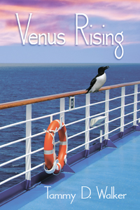 Cover of the cozy mystery Venus Rising by Tammy D. Walker. Image contains a razor bill bird on the railing of a cruise ship